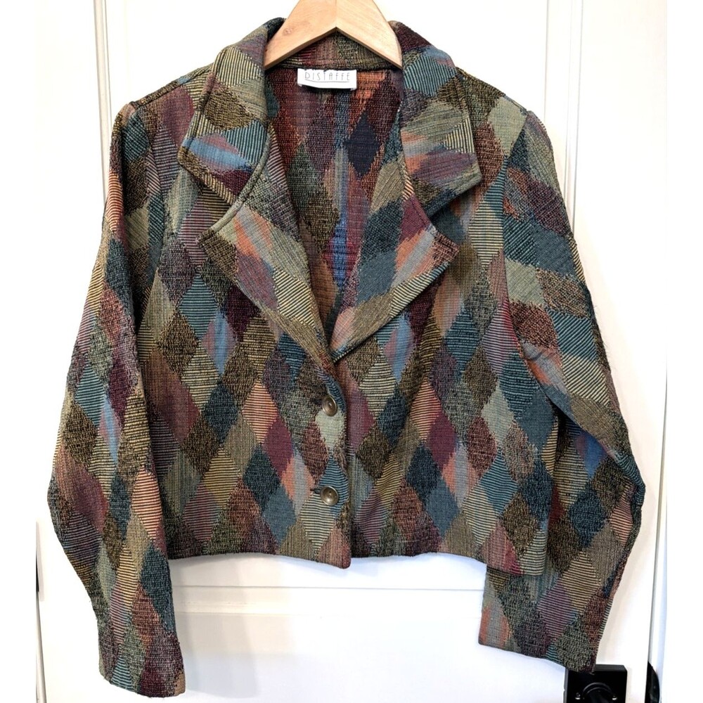 Vtg Tapestry Festival 80s 90s Cropped Jacket Blazer M Geometric Colorful USA
